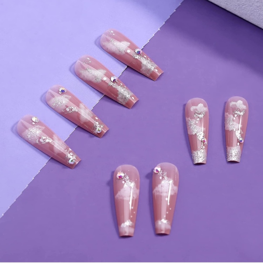 Artquee 24pc Nude Pink Clear Clouds & Diamonds Nails